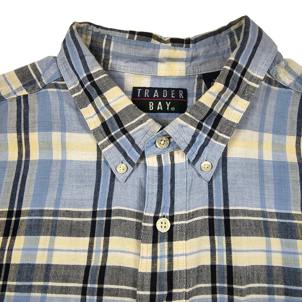Trader Bay Men XLT Blue Yellow Plaid Linen Cotton Short Sleeve Button Down Shirt